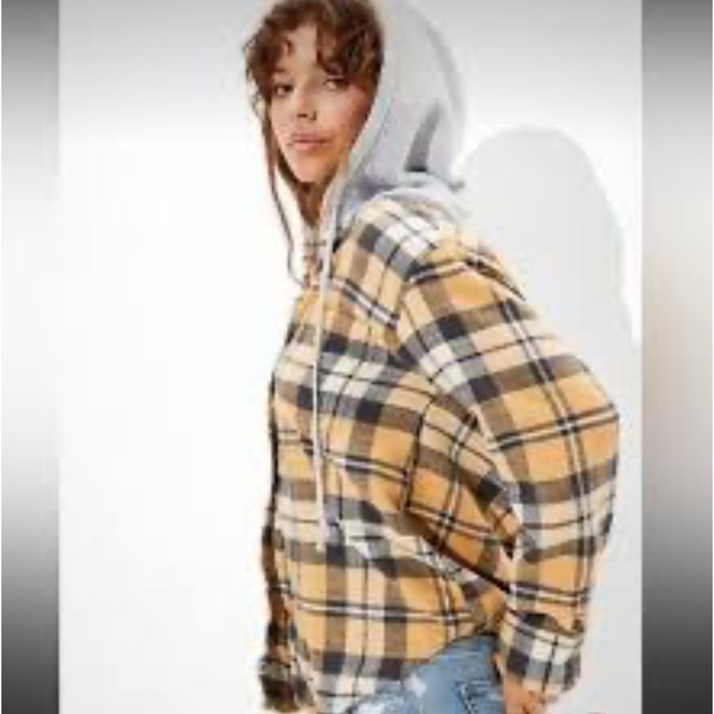 Plaid Hooded Flannel Shirt - Yellow Plaid